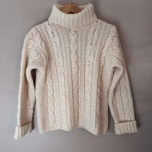 Inis Crafts Turtleneck Fisherman Cable Knit Sweater Ivory Merino Wool Ireland S